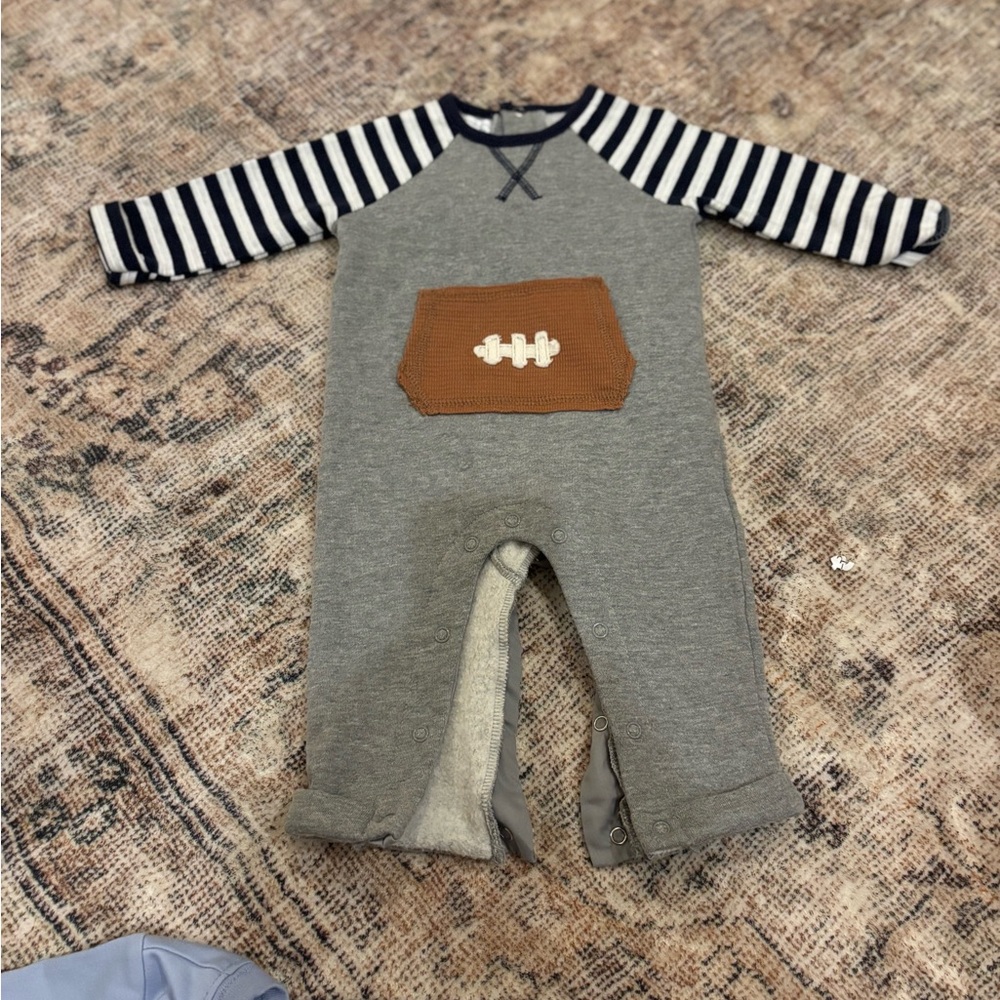 Mud Pie Gray and Brown Football Kids Romper
